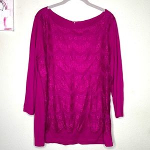 Garnet hill lace overlay magenta scoop neck top size XL